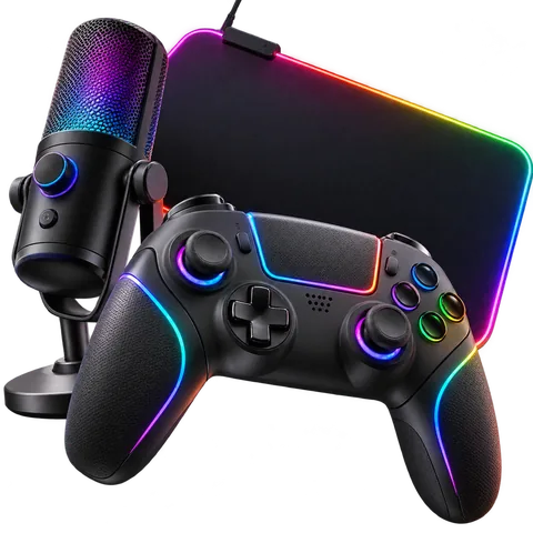 Microphone, manette et tapis de souris gaming avec éclairage RGB