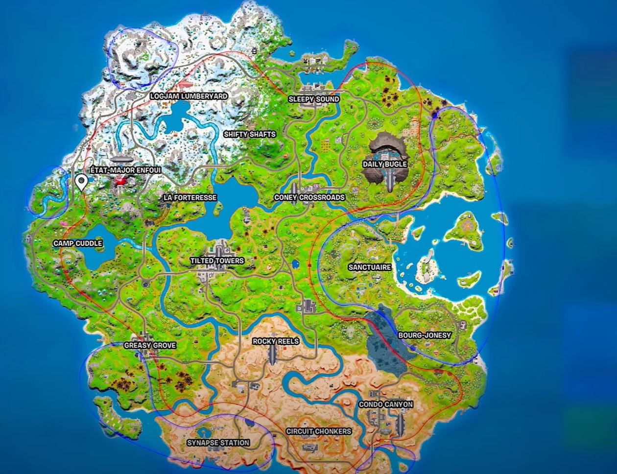 Définition : Que sont les zones bleues et rouges sur la carte de Fortnite ?