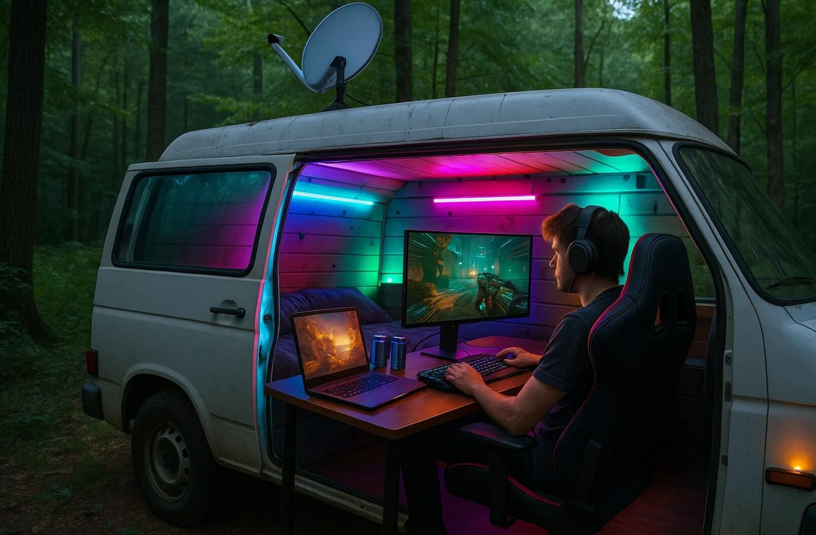 J’ai recréé mon setup gamer dans mon van – et j’ai joué en forêt