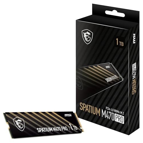 MSI SPATIUM M470 Pro SSD 1TB - Disque SSD Interne 1 to, PCIe 4.0 NVMe M.2, Lecture 6000 MB/s & Écriture 4500 MB/s, 3D NAND, Sécurité des Données Intégrée, 320 TBW, Garantie 5 Ans
