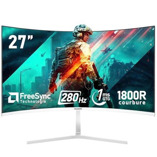 Gawfolk Écran PC 27 Pouces incurvé 280Hz Gaming Computer Moniteur, 1800R,1ms，FHD 1080p, 178 ° Grand Angle,Ultra - Mince Lunette, HDMI、DisplayPort,Compatible avec Montage Mural 100 * 100mm- Blanc