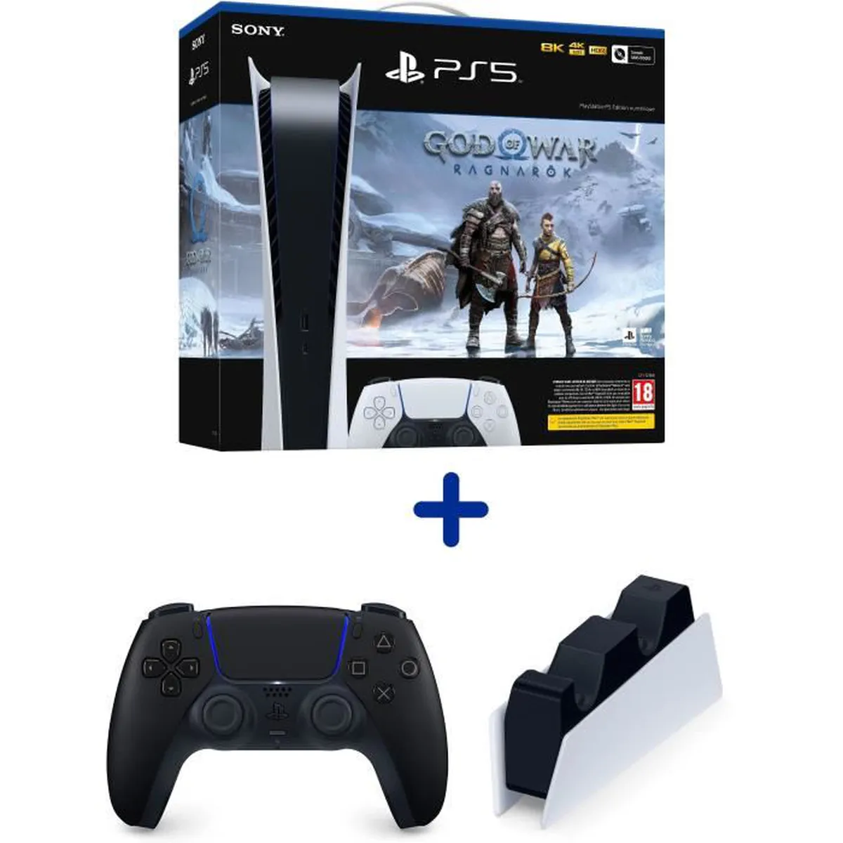Pack PS5 Digital : Console PS5 Digitale + God of War : Ragnarök + Manette DualSense Noire + Station de Charge pour DualSense