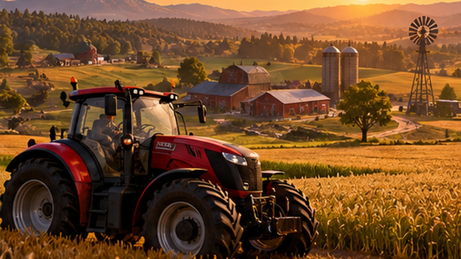 Jeux de ferme 2026 : tracteur dans des champs au coucher du soleil