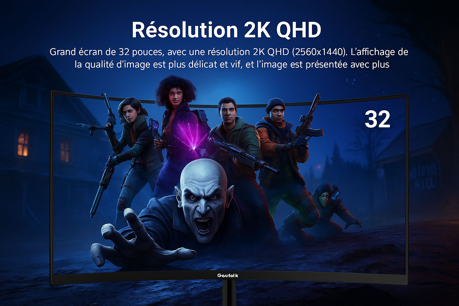 Écran PC Incurvé 32 Pouces Gawfolk QHD 165Hz 2K QHD