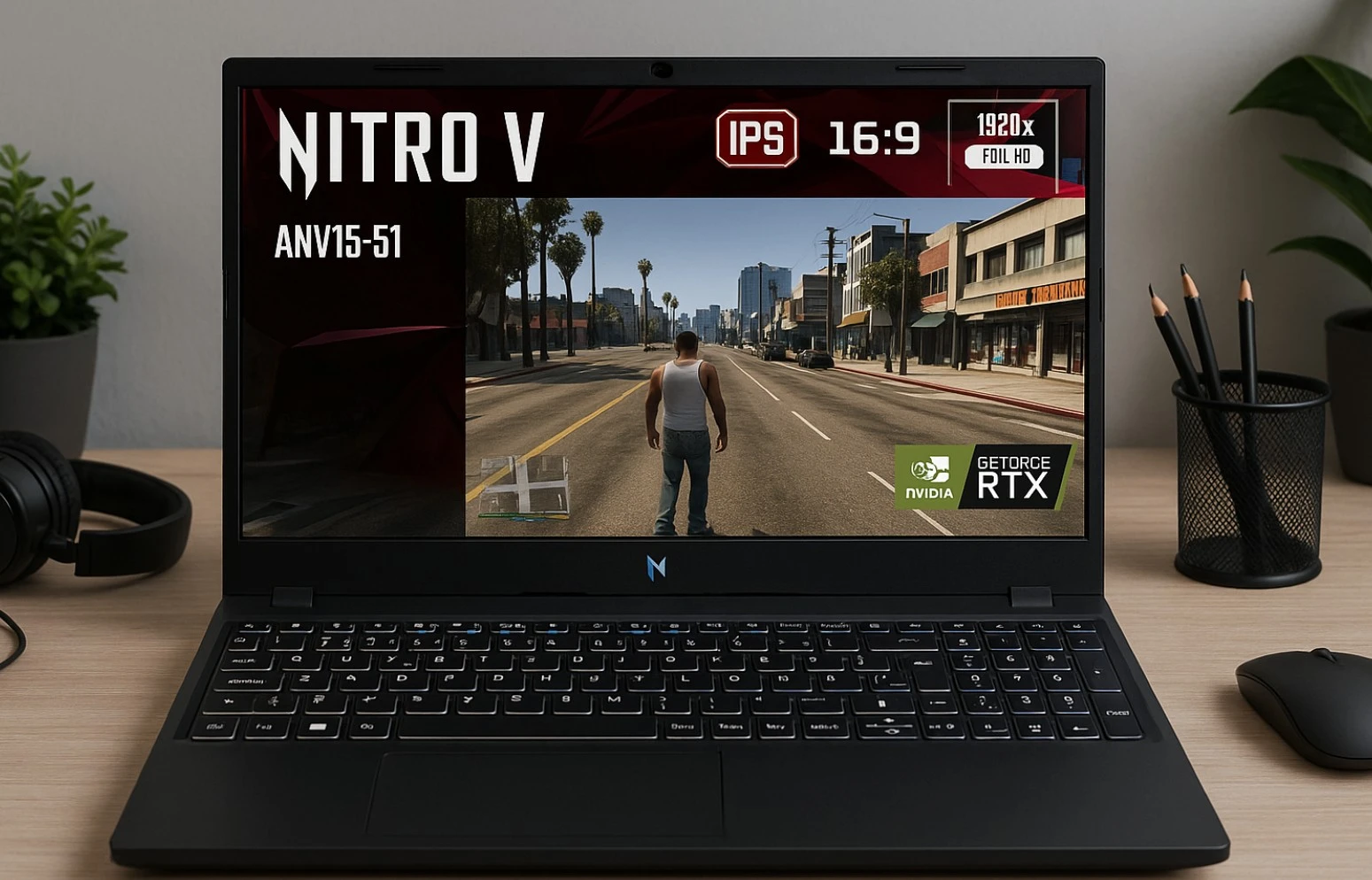 portable gaming Acer Nitro V 15 (i9 + RTX 4060) posé sur un bureau