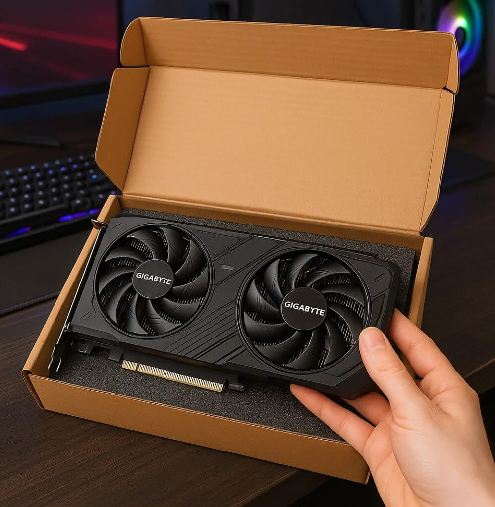 Déballage de la Gigabyte RTX 5060 Ti dans un environnement gamer