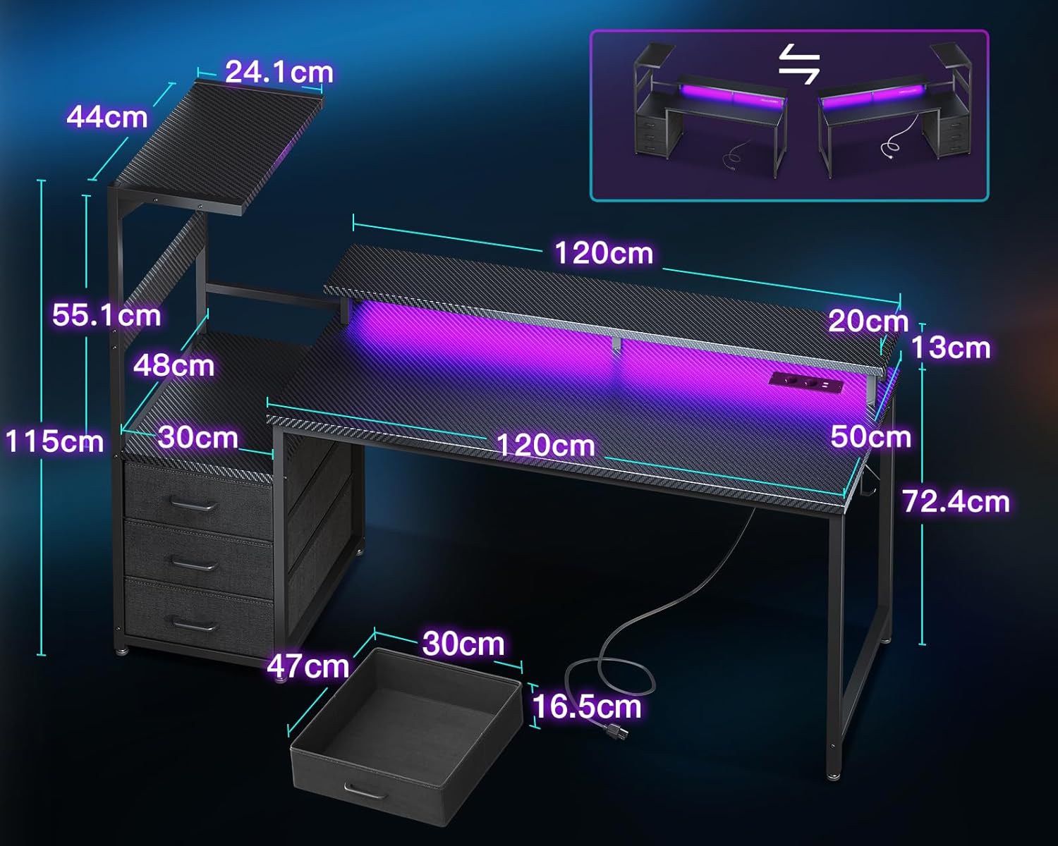  Coleshome Bureau Gaming avec éclairage LED et Prise électrique, Bureau Gamer Réversible avec Tiroirs