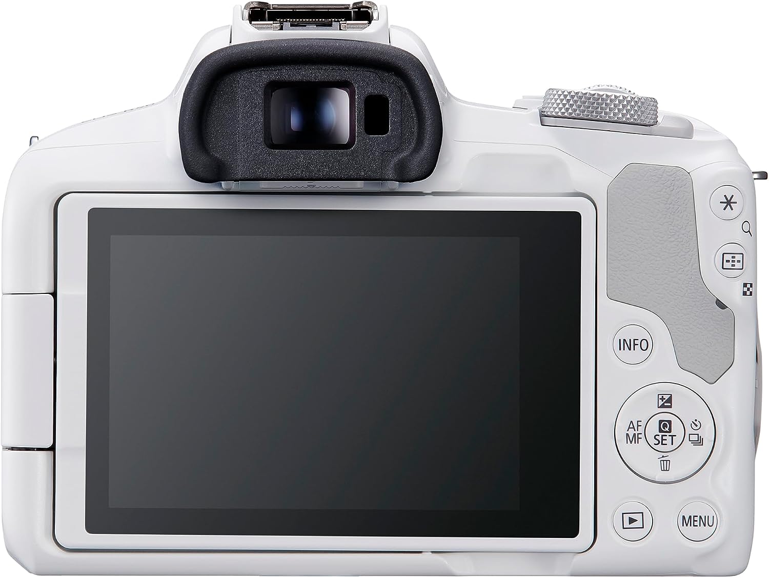 Canon EOS R50 blanc, vue arrière Amazon avec écran orientable