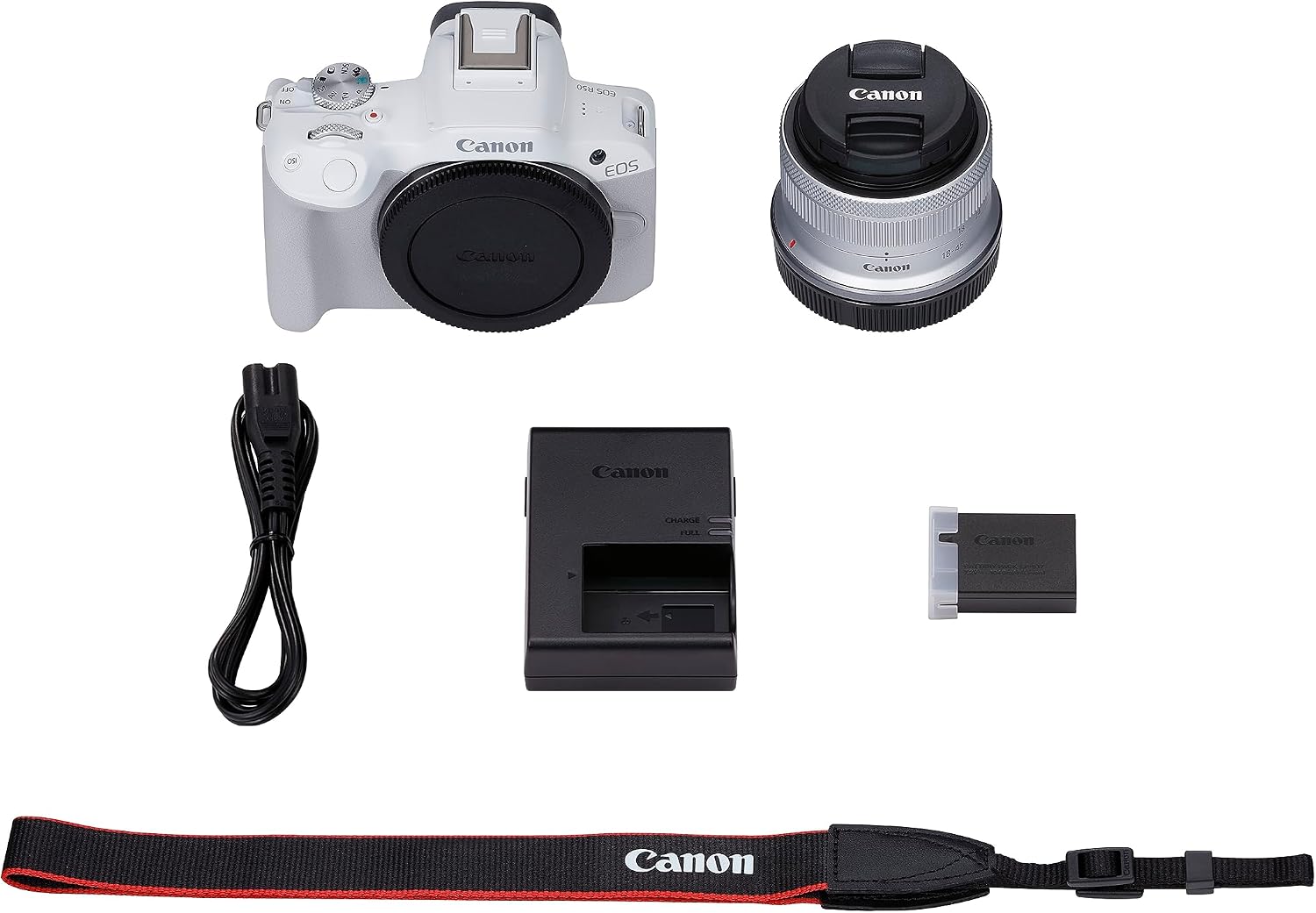 Canon EOS R50 blanc, visuel Amazon mettant en avant les commandes du boîtier