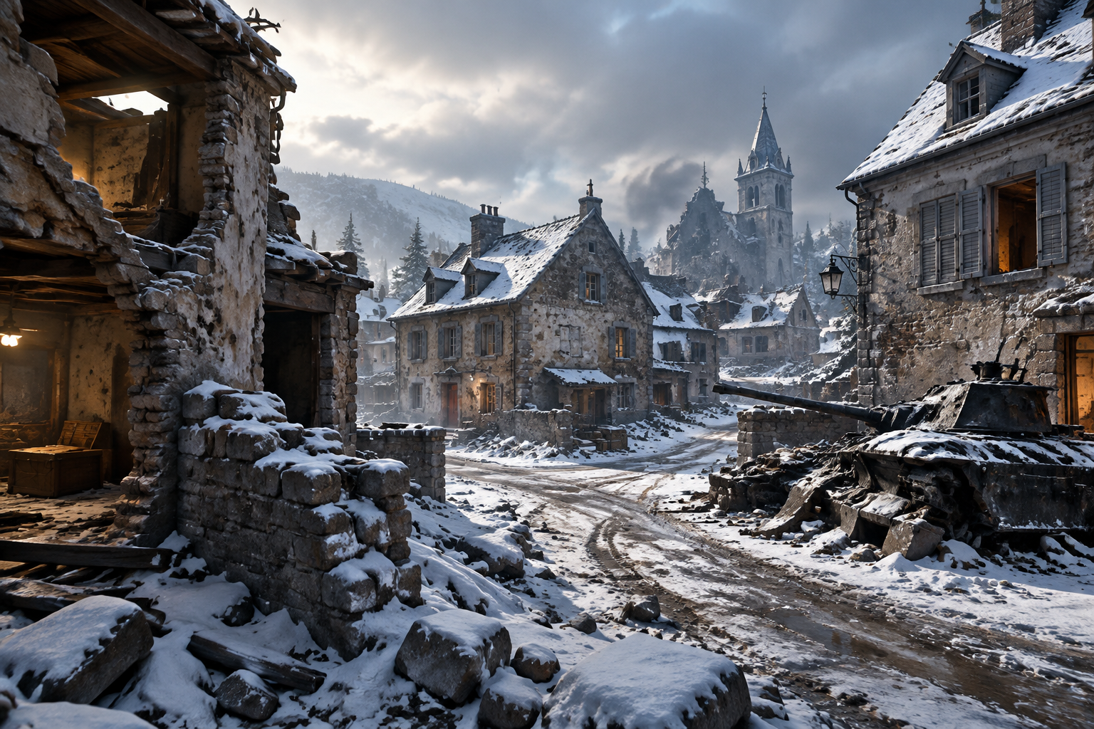 Illustration originale d'une rue de village enneigée et dévastée, évoquant l'ambiance de Backstab dans Modern Warfare 4