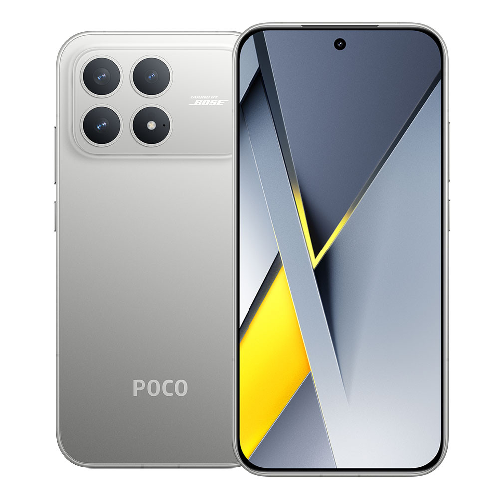 POCO F8 Pro Titanium Silver, photo produit face et dos distincte de la couverture Mint Green
