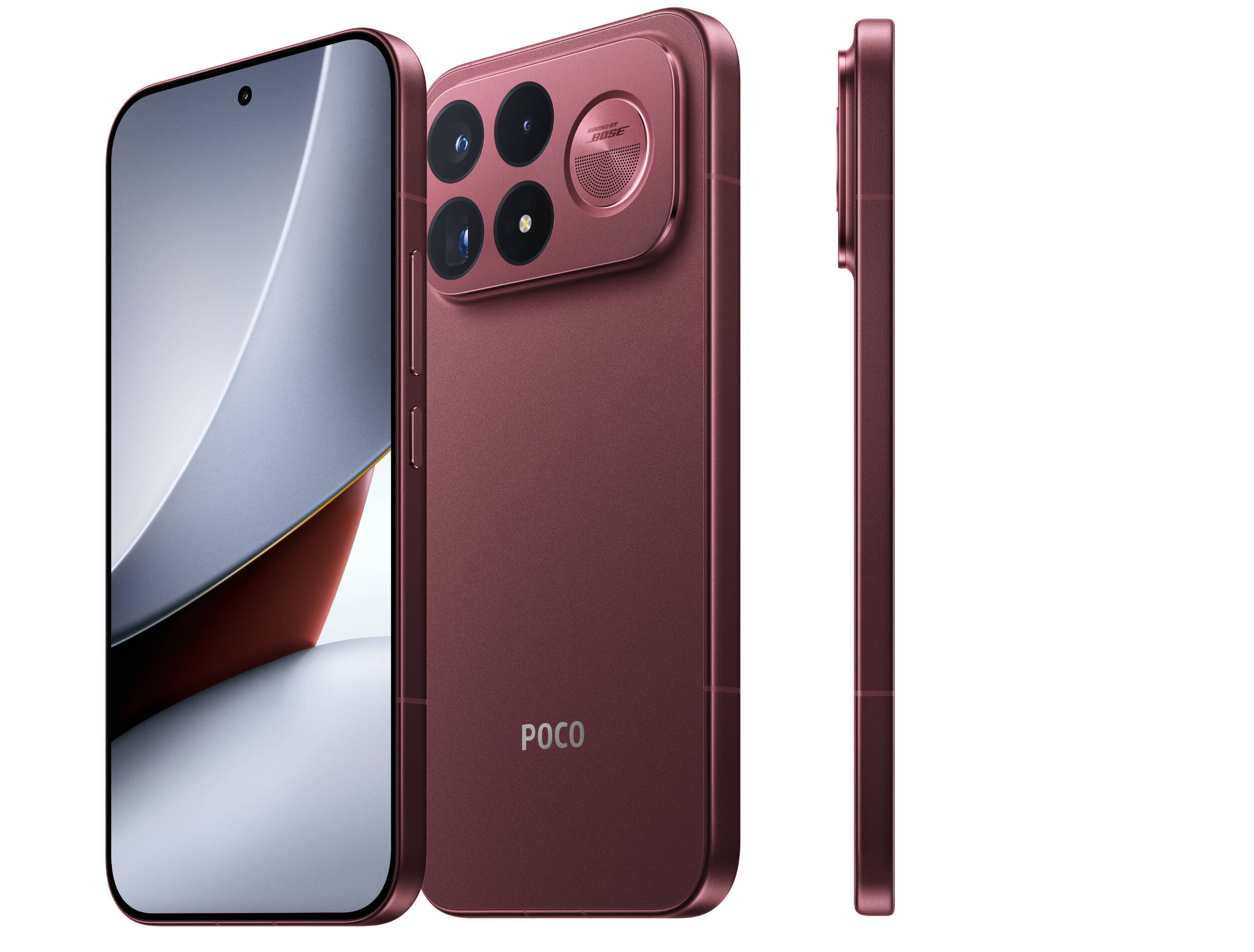 POCO F9 Pro rouge, vue face, dos et profil, distincte de la couverture comparant les coloris