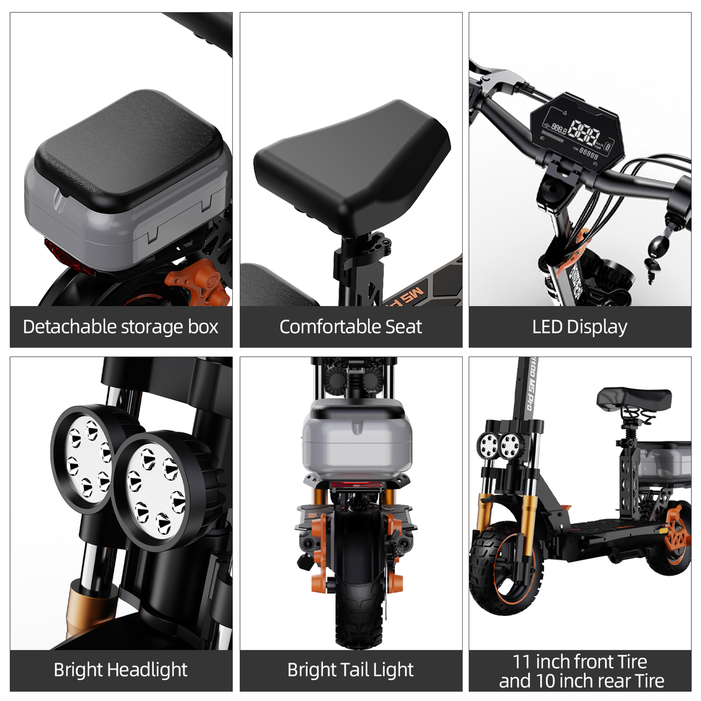 Ruitoo M5 Pro : écran LCD, éclairage, suspensions et pneus tout-terrain - visuel du fabricant avec siège et coffre selon variante