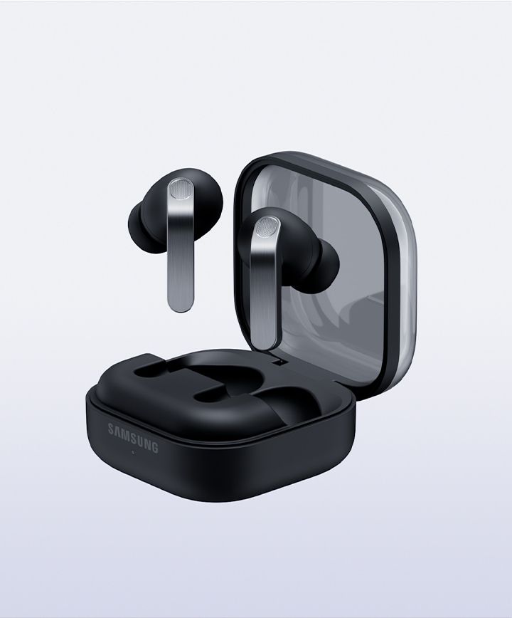 Samsung Galaxy Buds4 Pro noirs avec boîtier de recharge transparent