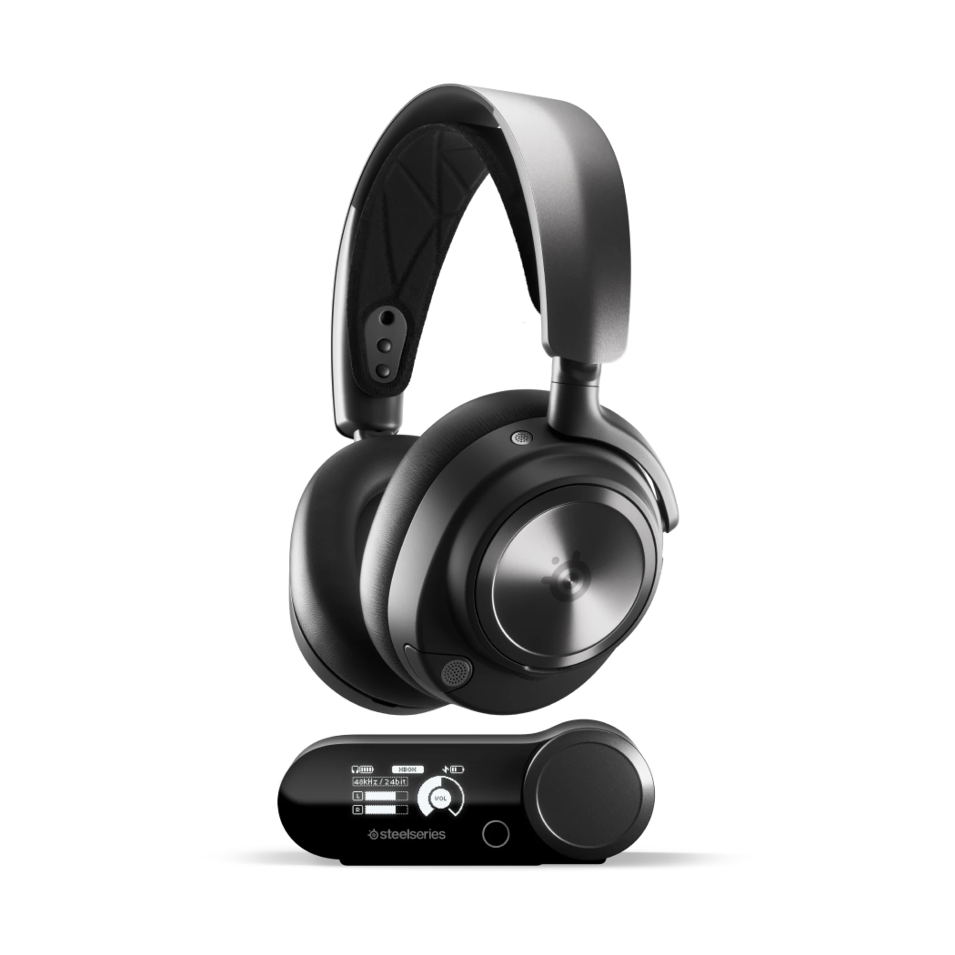 SteelSeries Arctis Nova Pro Wireless noir et station OLED - photo constructeur de la gamme