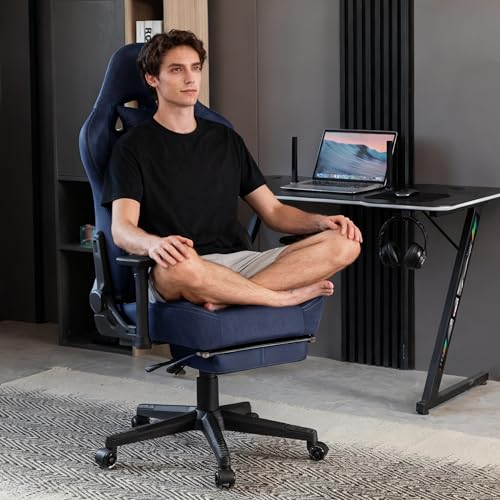 Chaise gamer Symino XL faux daim bleu foncé avec roues silencieuses