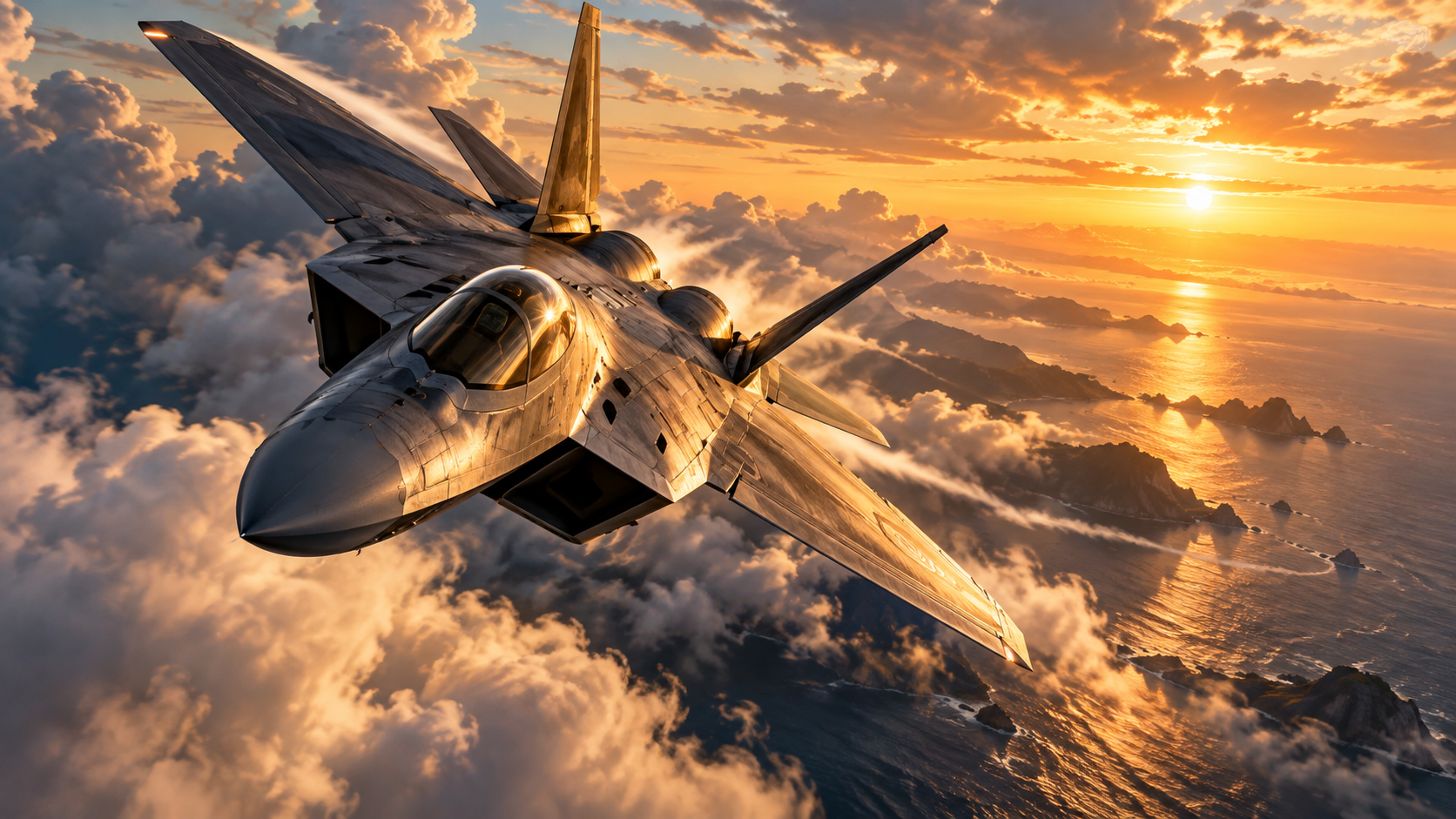 Ace Combat 8 : avion de chasse moderne au-dessus des nuages au coucher du soleil